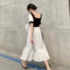 Square-neck Short-sleeve Midi A-line Dress Black & White - One Size
