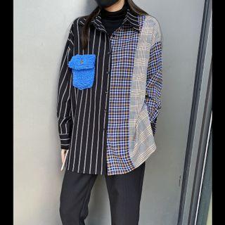 Pinstripe & Gingham Panel Long Sleeve Shirt As Shown In Figure - One Size