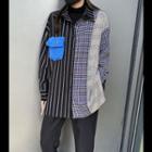 Pinstripe & Gingham Panel Long Sleeve Shirt As Shown In Figure - One Size