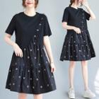 Short-sleeve Floral Embroidered Panel A-line Dress