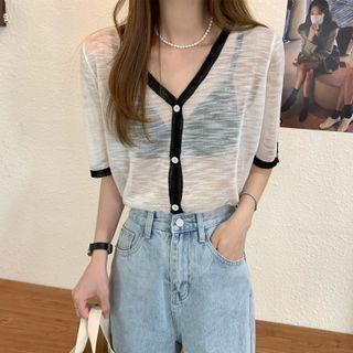 Short-sleeve V-neck Button-up Sheer Top