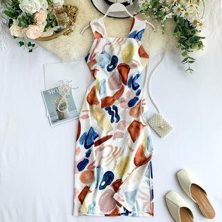 Sleeveless All Over Print Midi Dress As Shown In Figure - One Size