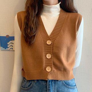 Button-up Cropped Sweater Vest / Long-sleeve Mock-neck T-shirt