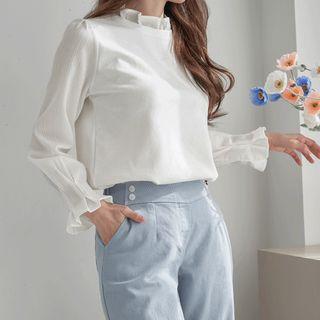 Frilled-neck Pintuck-cuff Blouse