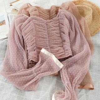 Long-sleeve Crinkled Dotted Mesh Top