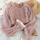 Long-sleeve Crinkled Dotted Mesh Top