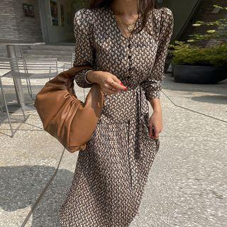 Pleated Patterned Dress With Sash
