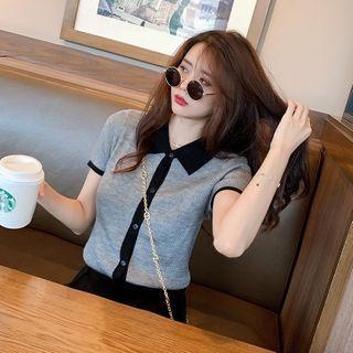 Short-sleeve Ribbed Polo Knit Top Dark Gray - One Size