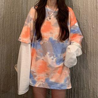 Long-sleeve Mock Two-piece Tie Dye Print T-shirt