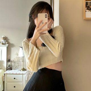 Long-sleeve Cropped Knit Top Knit Top - White - One Size
