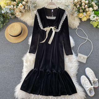 Long-sleeve Collared Midi Mermaid Velvet Dress