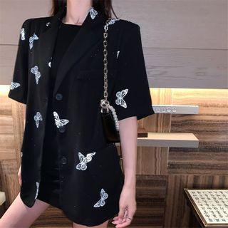 Elbow-sleeve Butterfly Print Blazer