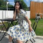 Puff-sleeve Floral Cutout-back Midi A-line Dress