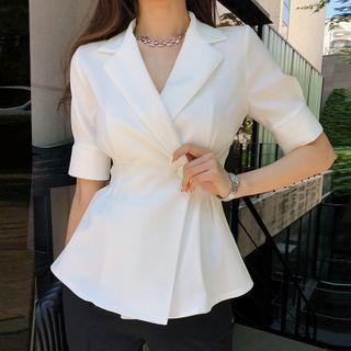 Short-sleeve One-button Open-collar Blouse