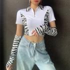 Zebra Print Panel Zip Cropped Polo Shirt With Arm Sleeve