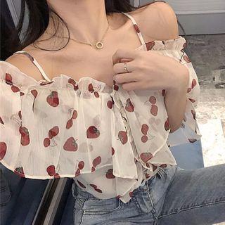 Cold-shoulder Ruffled Polka-dot Chiffon Blouse Light Almond - One Size