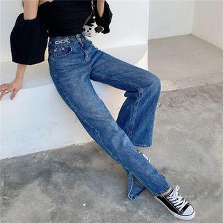 High-waist Side-slit Straight Leg Jeans