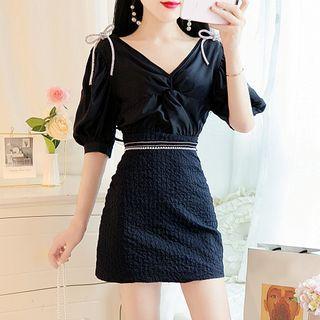 Set: Twisted Puff-sleeve Top + Mini A-line Skirt