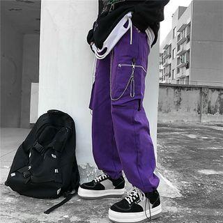 Drawstring Hem Side Pocket Cargo Pants / Chain
