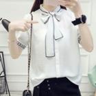 Embroidered Short-sleeve Tie-neck Shirt