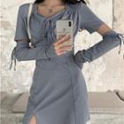 Short-sleeve Lace Trim Mini Sheath Dress Blue - One Size