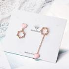 Non-matching Rhinestone Hoop & Heart Dangle Earring Copper Rose Gold Plating - One Size