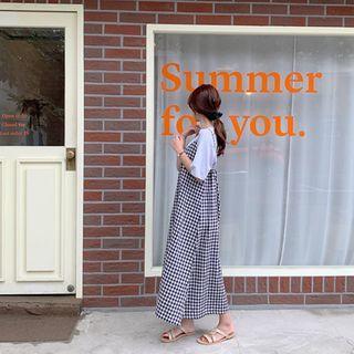 Spaghetti-strap Gingham Long Dress Navy Blue - One Size