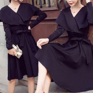 V Neck Gathered-waist Plain Sheath Dress