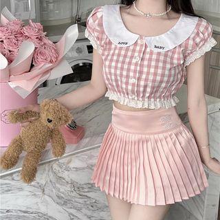Cap-sleeve Gingham Check Crop Top / Pleated Mini A-line Skirt