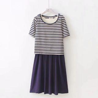 Set: Striped Short Sleeve T-shirt + Color Panel Sleeveless Midi Dress