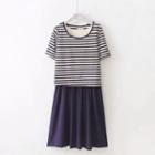 Set: Striped Short Sleeve T-shirt + Color Panel Sleeveless Midi Dress