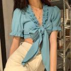 Short-sleeve Ruffle Trim Knotted Knit Cropped Top Blue - One Size