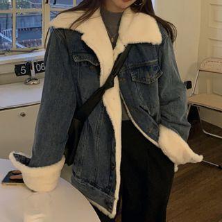 Lambswool Lapel Long-sleeve Denim Jacket As Shown In Figure - One Size