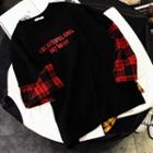 Mock Two-piece Long-sleeve Plaid Paneled Letter T-shirt