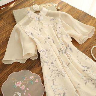 Short-sleeve Faux Pearl Trim Floral Print Qipao