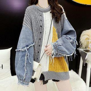 Denim Panel Cardigan Gray - One Size