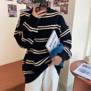 Striped Turtle-neck Loose-fit Long-sleeve Knit Sweater