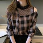 Cold-shoulder Mesh Panel Plaid Blouse