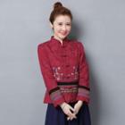 Frog-buttoned Floral Embroidered Stand Collar Jacket