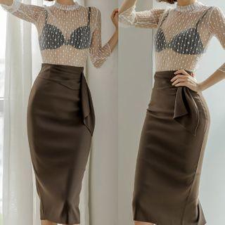 Set: Flared-cuff Dotted Lace Blouse + Midi A-line Skirt