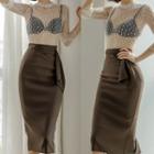 Set: Flared-cuff Dotted Lace Blouse + Midi A-line Skirt