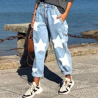Mid Rise Star Print Baggy Jeans