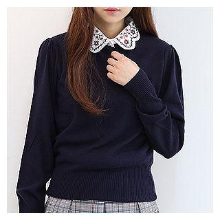 Detachable Embroidered-collar Knit Top