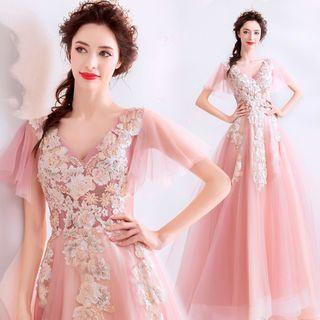 Short-sleeve Floral Embroidered A-line Evening Gown