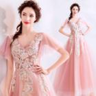 Short-sleeve Floral Embroidered A-line Evening Gown