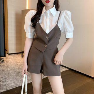 Mock Two-piece Puff-sleeve Shirt / High-waist Shorts
