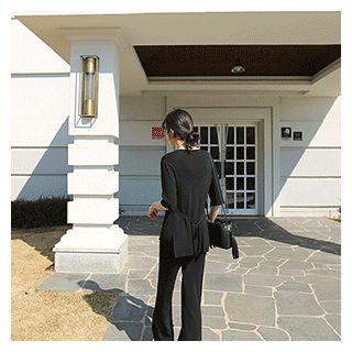 Set: Tie-waist Knit Top + Knit Pants Black - One Size