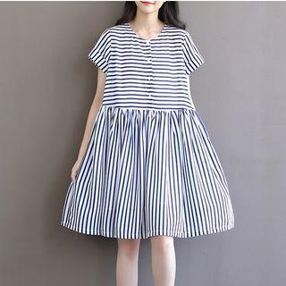 Short-sleeve Buttoned Striped A-line Dress