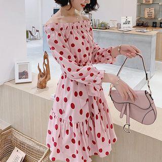 3/4-sleeve Off Shoulder Polka Dot A-line Chiffon Dress