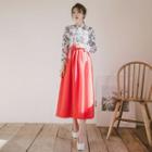 Set: Hanbok Top (floral / Ivory) + Skirt (maxi / Red)